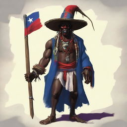 This is a high-quality, full-body digital illustration of a fictional character: a slim, dark-skinned, middle-aged Haitian voodoo witch doctor