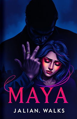 A dramatic book cover illustrating a shadowy figure of a handsome man, Julian, looming protectively yet possessively over a visibly shaken yet resilient woman, Maya