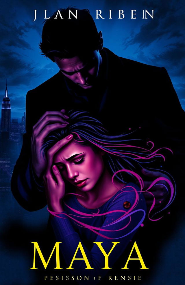 A dramatic book cover illustrating a shadowy figure of a handsome man, Julian, looming protectively yet possessively over a visibly shaken yet resilient woman, Maya