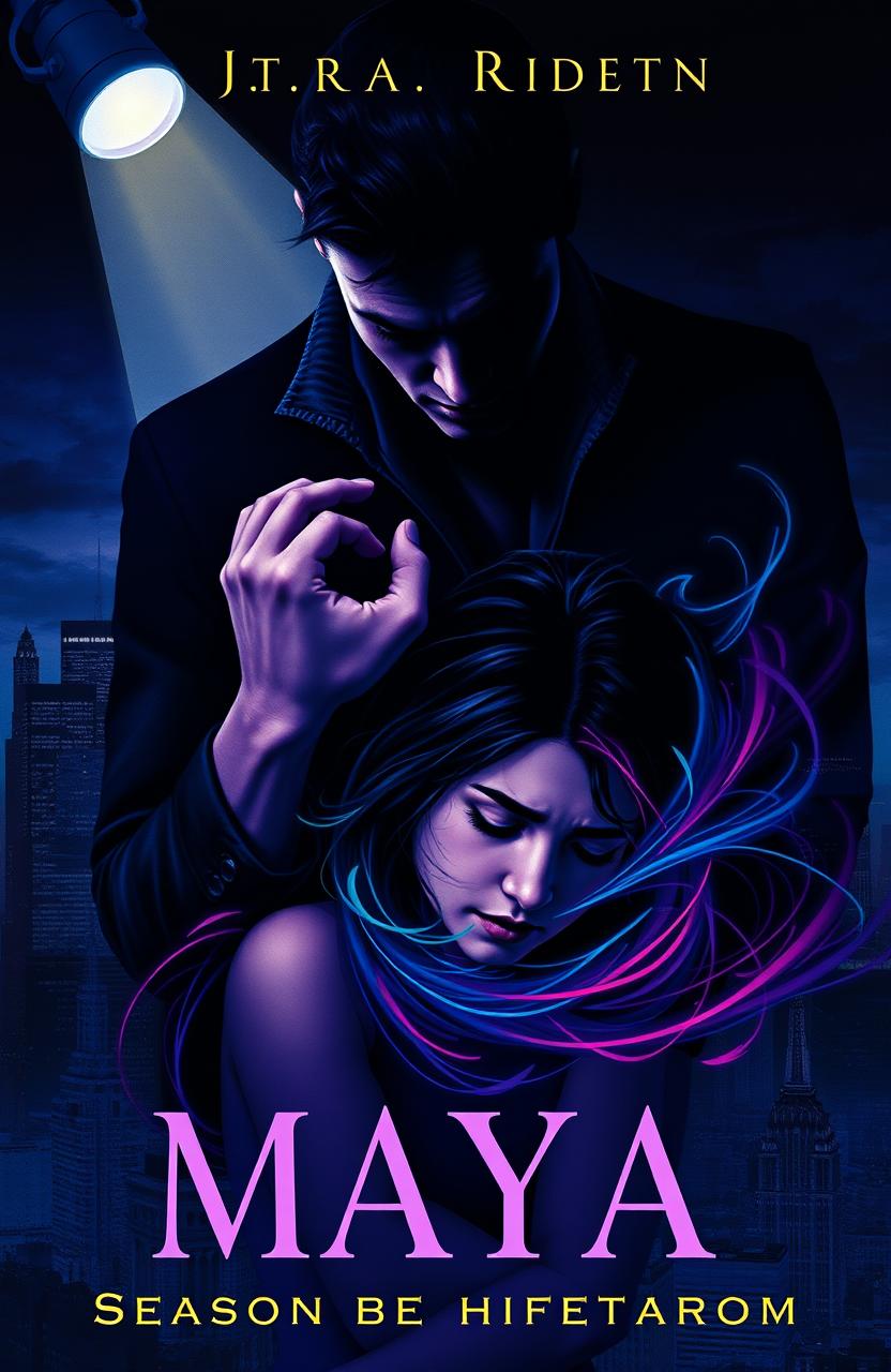 A dramatic book cover illustrating a shadowy figure of a handsome man, Julian, looming protectively yet possessively over a visibly shaken yet resilient woman, Maya