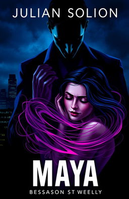 A dramatic book cover illustrating a shadowy figure of a handsome man, Julian, looming protectively yet possessively over a visibly shaken yet resilient woman, Maya