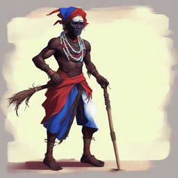 This is a high-quality, full-body digital illustration of a fictional character: a slim, dark-skinned, middle-aged Haitian voodoo witch doctor