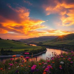 An enchanting landscape photograph showcasing a vibrant sunset over rolling hills, with dramatic clouds illuminated by warm hues of orange, pink, and gold