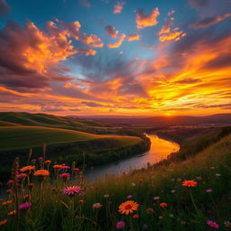 An enchanting landscape photograph showcasing a vibrant sunset over rolling hills, with dramatic clouds illuminated by warm hues of orange, pink, and gold