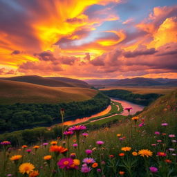 An enchanting landscape photograph showcasing a vibrant sunset over rolling hills, with dramatic clouds illuminated by warm hues of orange, pink, and gold