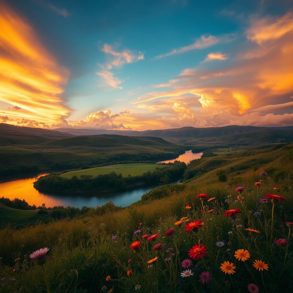 An enchanting landscape photograph showcasing a vibrant sunset over rolling hills, with dramatic clouds illuminated by warm hues of orange, pink, and gold