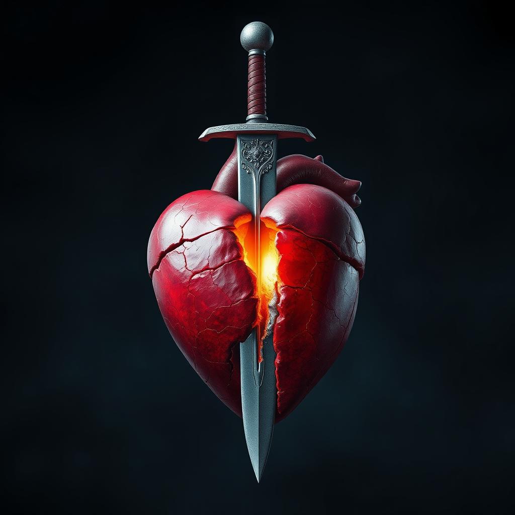 A striking visual of a broken heart impaled by a sword, symbolizing pain and betrayal