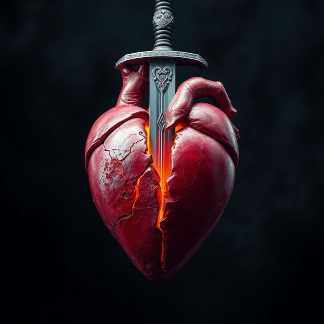 A striking visual of a broken heart impaled by a sword, symbolizing pain and betrayal