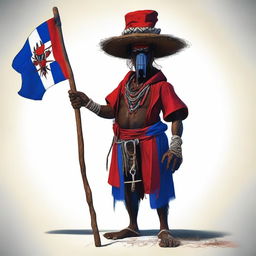 This is a high-quality, full-body digital illustration of a fictional character: a slim, dark-skinned, middle-aged Haitian voodoo witch doctor