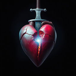 A striking visual of a broken heart impaled by a sword, symbolizing pain and betrayal