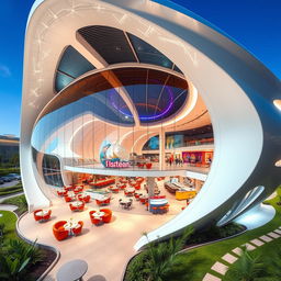 A futuristic cafeteria designed in the shape of a hyperboloid, featuring sleek and modern architectural elements