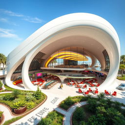 A futuristic cafeteria designed in the shape of a hyperboloid, featuring sleek and modern architectural elements