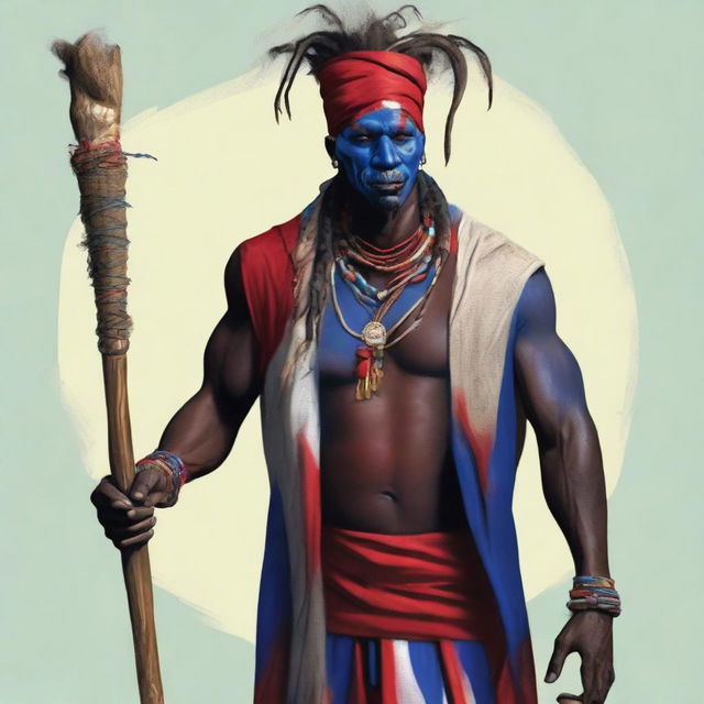 This is a high-quality, full-body digital illustration of a fictional character: a slim, dark-skinned, middle-aged Haitian voodoo witch doctor