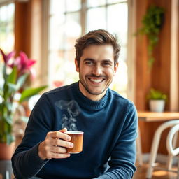 A bright, engaging portrait of a man with a warm smile, sitting comfortably in a cozy café