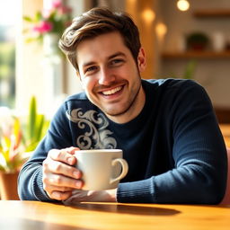 A bright, engaging portrait of a man with a warm smile, sitting comfortably in a cozy café