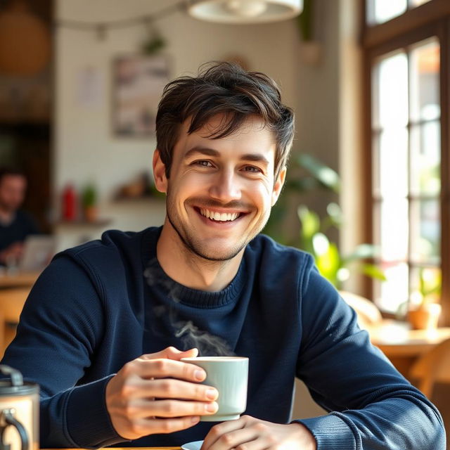 A bright, engaging portrait of a man with a warm smile, sitting comfortably in a cozy café