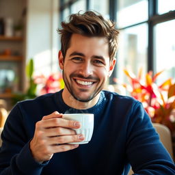 A bright, engaging portrait of a man with a warm smile, sitting comfortably in a cozy café