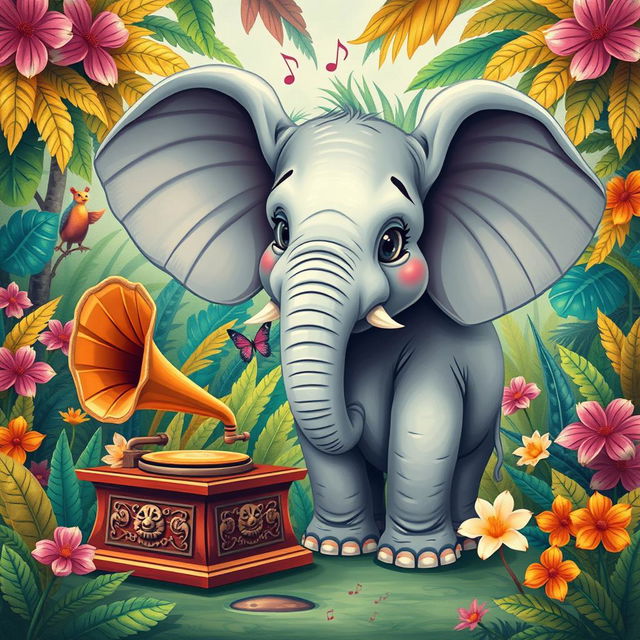 A whimsical and surreal illustration of an elephant using an old-fashioned gramophone