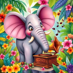 A whimsical and surreal illustration of an elephant using an old-fashioned gramophone