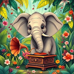 A whimsical and surreal illustration of an elephant using an old-fashioned gramophone