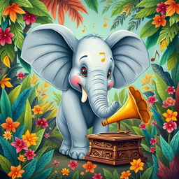 A whimsical and surreal illustration of an elephant using an old-fashioned gramophone