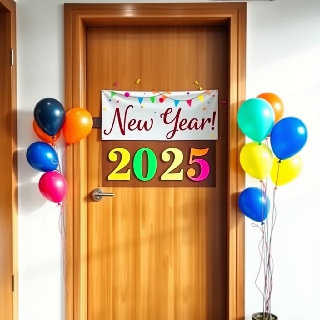 A beautifully designed office door decorated for New Year 2025