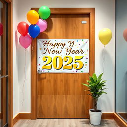 A beautifully designed office door decorated for New Year 2025