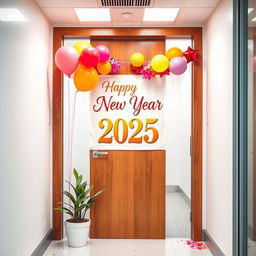 A beautifully designed office door decorated for New Year 2025