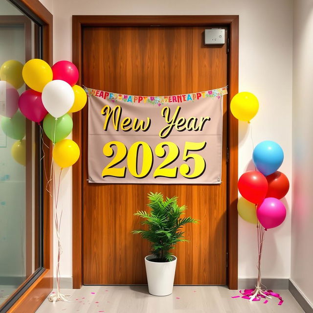 A beautifully designed office door decorated for New Year 2025