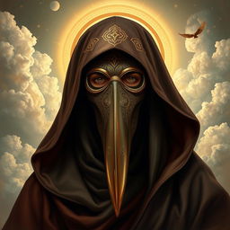 A portrait of a Holy Plague Doctor depicted as a savior, wearing a traditional plague doctor's mask with an elongated beak, embellished with intricate Islamic geometric patterns