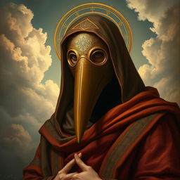 A portrait of a Holy Plague Doctor depicted as a savior, wearing a traditional plague doctor's mask with an elongated beak, embellished with intricate Islamic geometric patterns