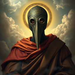 A portrait of a Holy Plague Doctor depicted as a savior, wearing a traditional plague doctor's mask with an elongated beak, embellished with intricate Islamic geometric patterns