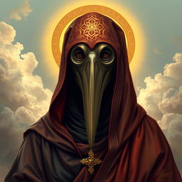 A portrait of a Holy Plague Doctor depicted as a savior, wearing a traditional plague doctor's mask with an elongated beak, embellished with intricate Islamic geometric patterns