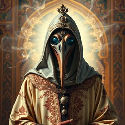 A striking portrait of a Holy Plague Doctor, embodying the essence of a savior figure, dressed in traditional attire that reflects Iranian Muslim culture
