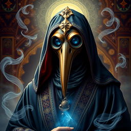 A striking portrait of a Holy Plague Doctor, embodying the essence of a savior figure, dressed in traditional attire that reflects Iranian Muslim culture