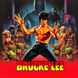 A retro 1970's movie poster, featuring an action scene with Bruce Lee showcasing his martial arts skills in the foreground, surrounded by mischievous Gremlins creating chaos