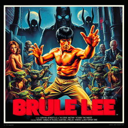 A retro 1970's movie poster, featuring an action scene with Bruce Lee showcasing his martial arts skills in the foreground, surrounded by mischievous Gremlins creating chaos