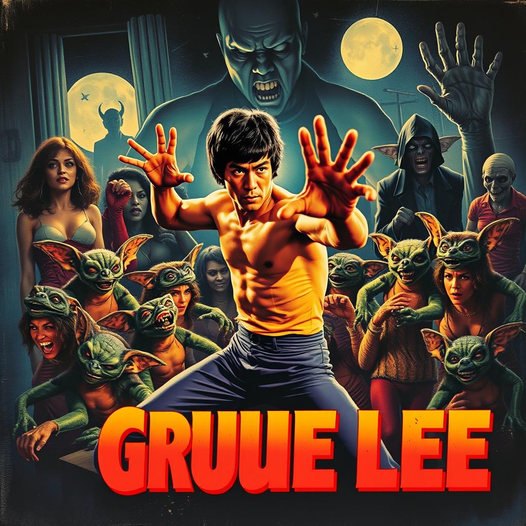 A retro 1970's movie poster, featuring an action scene with Bruce Lee showcasing his martial arts skills in the foreground, surrounded by mischievous Gremlins creating chaos