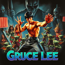 A retro 1970's movie poster, featuring an action scene with Bruce Lee showcasing his martial arts skills in the foreground, surrounded by mischievous Gremlins creating chaos