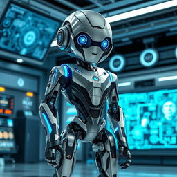 A sleek and futuristic robot designed for advanced tasks, featuring a streamlined body made of metal and carbon fiber, glowing blue accents, and articulated limbs with high dexterity