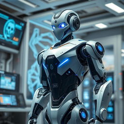 A sleek and futuristic robot designed for advanced tasks, featuring a streamlined body made of metal and carbon fiber, glowing blue accents, and articulated limbs with high dexterity