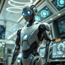 A sleek and futuristic robot designed for advanced tasks, featuring a streamlined body made of metal and carbon fiber, glowing blue accents, and articulated limbs with high dexterity