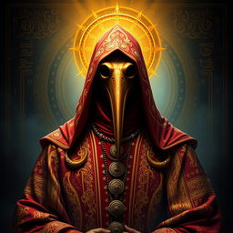 A dramatic and striking portrait of a Holy Plague Doctor, adorned in rich, elaborate robes with intricate patterns reminiscent of Persian art