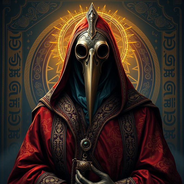 A dramatic and striking portrait of a Holy Plague Doctor, adorned in rich, elaborate robes with intricate patterns reminiscent of Persian art