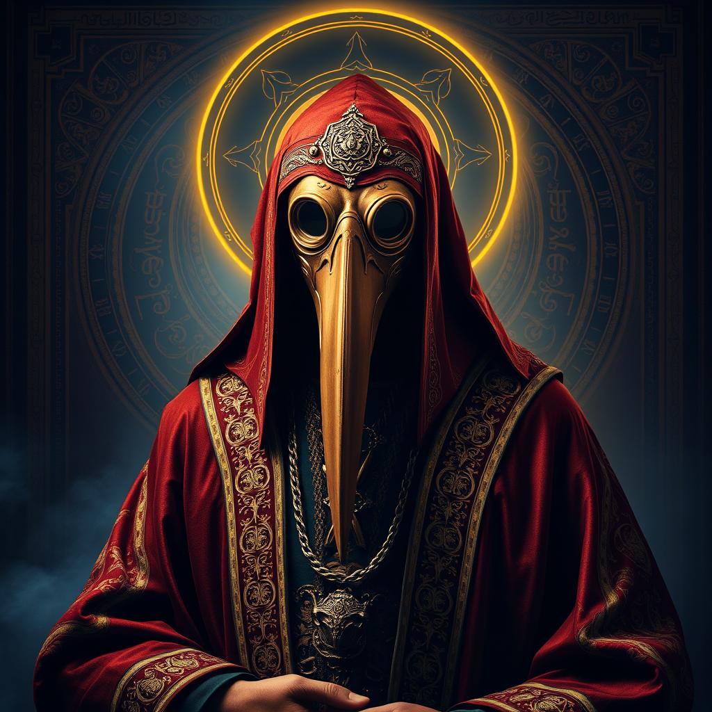 A dramatic and striking portrait of a Holy Plague Doctor, adorned in rich, elaborate robes with intricate patterns reminiscent of Persian art