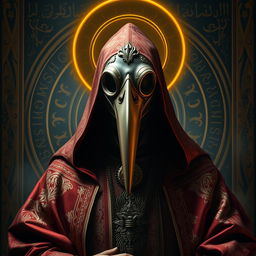 A dramatic and striking portrait of a Holy Plague Doctor, adorned in rich, elaborate robes with intricate patterns reminiscent of Persian art