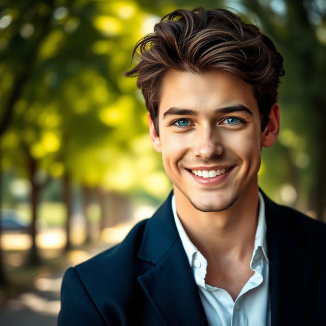 A stunning portrait of a confident young man, showcasing his charming smile and bright blue eyes