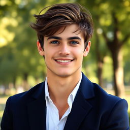 A stunning portrait of a confident young man, showcasing his charming smile and bright blue eyes