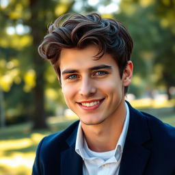 A stunning portrait of a confident young man, showcasing his charming smile and bright blue eyes