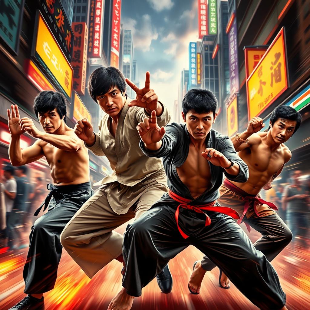 A dynamic, action-packed scene featuring legendary martial artists Bruce Lee, Jackie Chan, Jet Li, Sammo Hung, Chow Yun Fat, and Iko Uwais